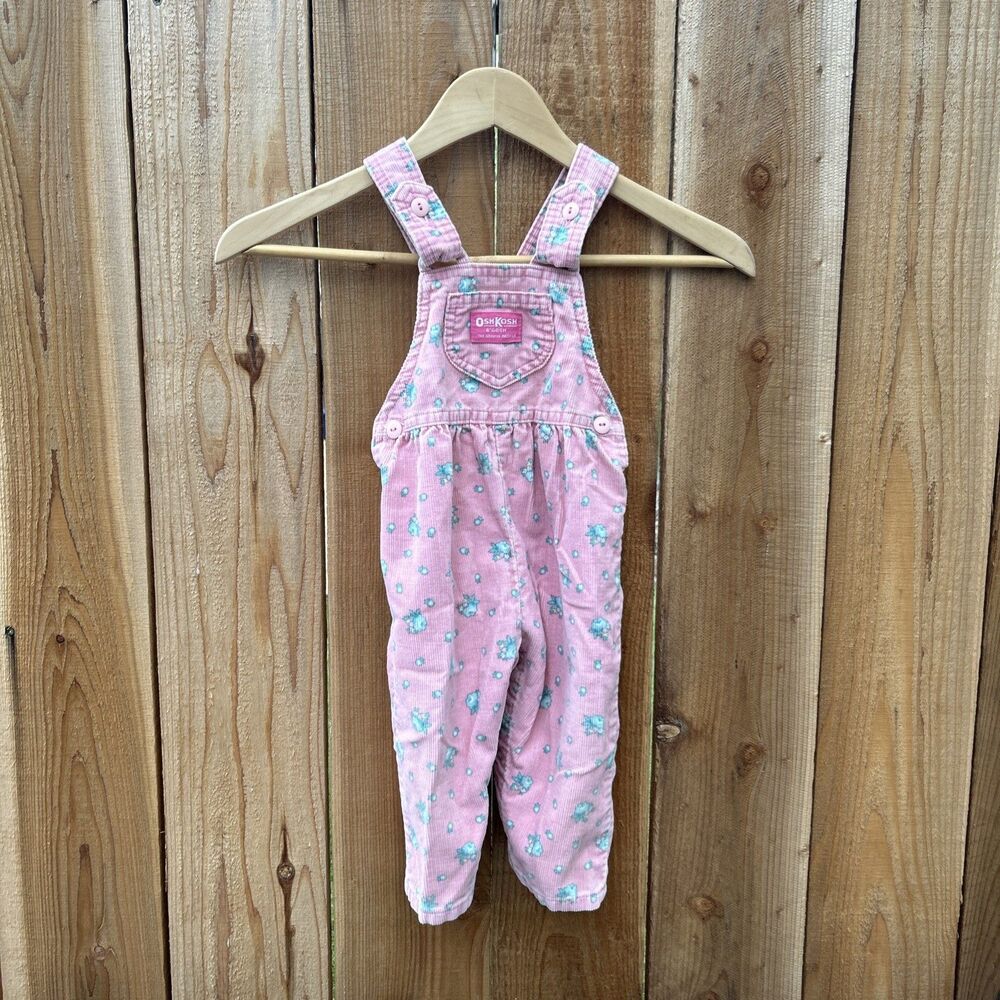 Vintage Oshkosh B’gosh Overalls Girl 24 M Pink Blue Floral USA Made 2 Yrs